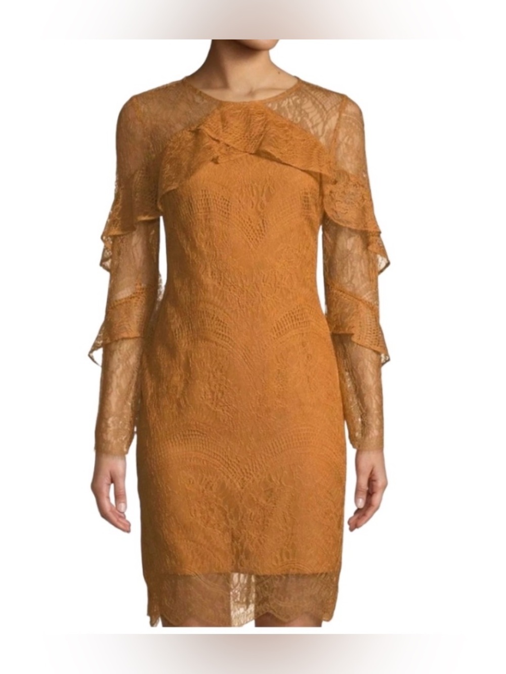 Nanette Lepore Mustard Lace Ruffle Long-Sleeve Dress